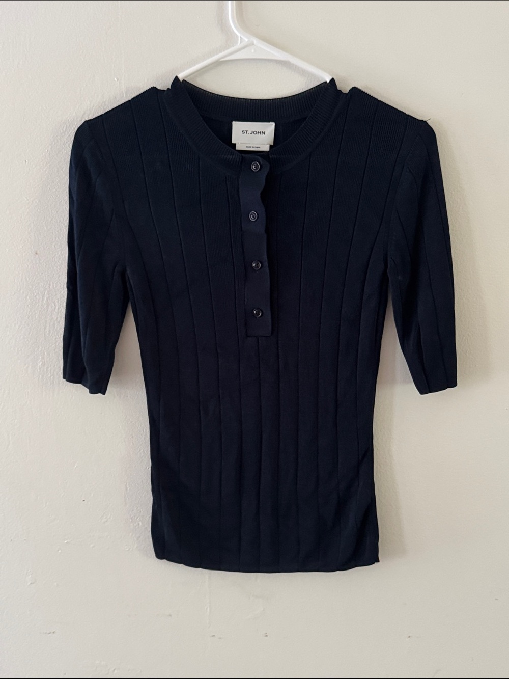 St. John Navy Henley Rib Knit Top SZ XS